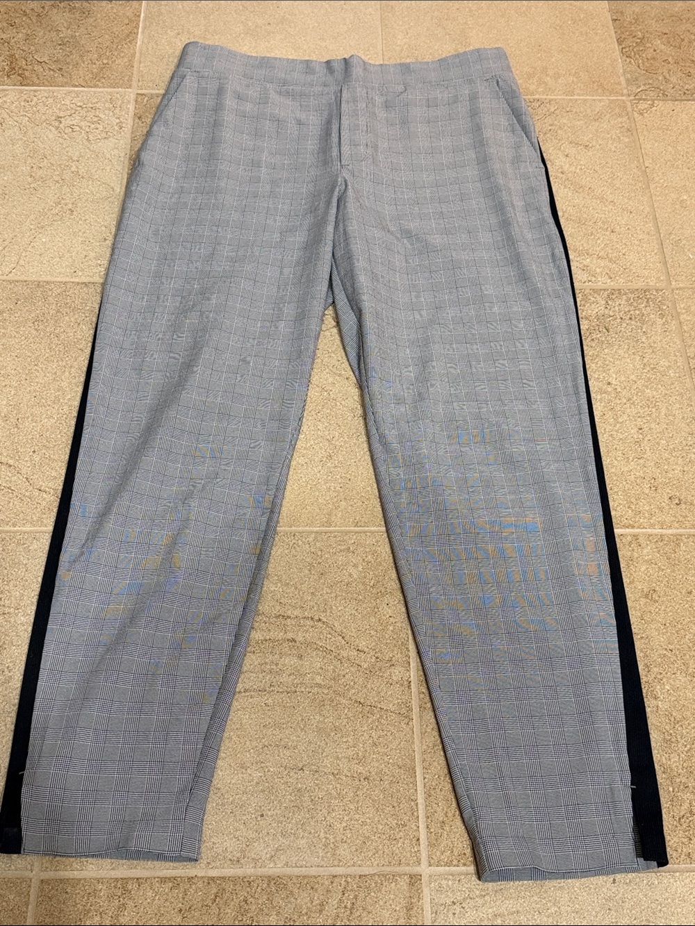 Athleta Light Gray Glen Plaid Pants with Black Side Stripe